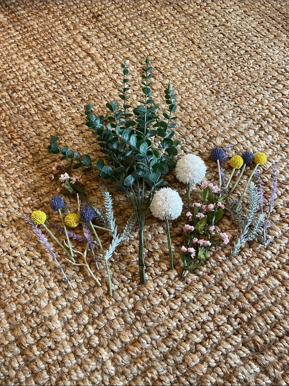 Artificial Eucalyptus & Mixed Wildflower Bouquet - Green, White, Yellow, Purple